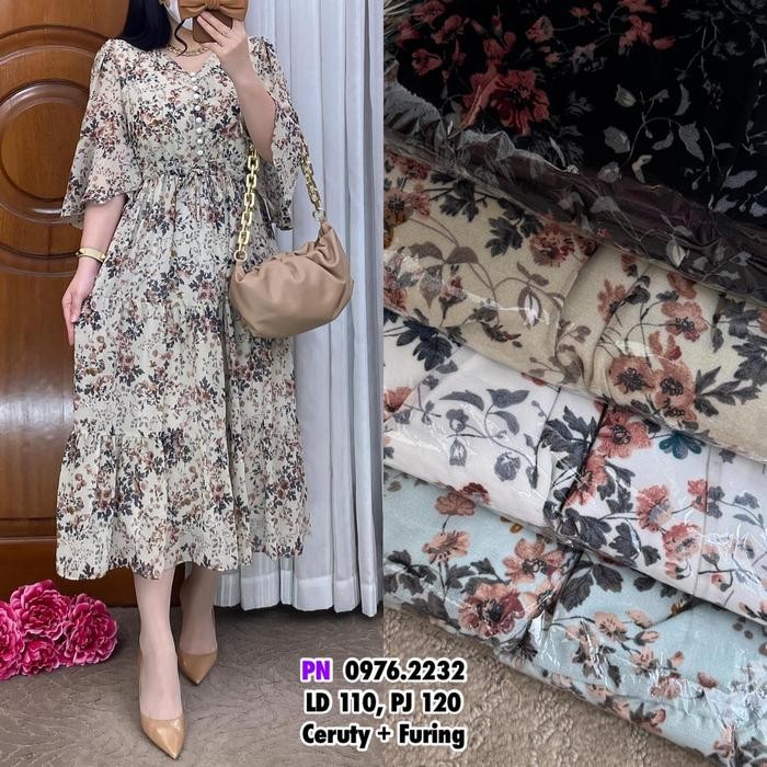 Fleesa- Midi Dress Pesta Kondangan Yuna 2232 / 2233 Dress Casual Wanita Motif Ceruty Babydoll