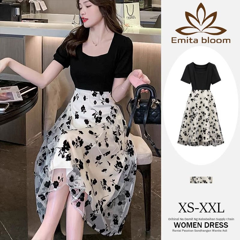 PROMO / EMITA BLOOM long dress hitam bunga lengan pendek dress natal wanita kekinian dress jumbo