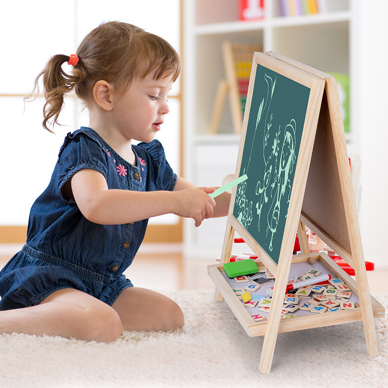 

Toys For Children'S Wooden Multifunctional Two-In-One Folding Double-Sided Drawing Board Easel Black