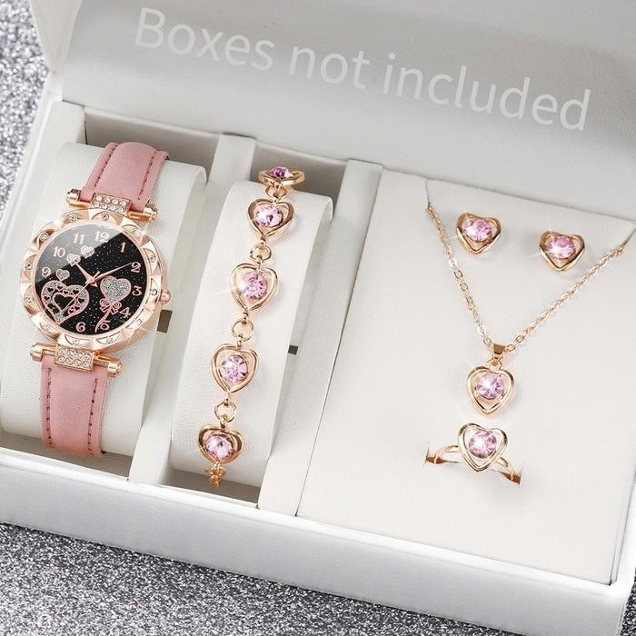 Femmora- 5Pcs Jam Tangan Kuarsa Wanita Berlian Dial Cinta Tali Kulit Jam Tangan Fashion Set