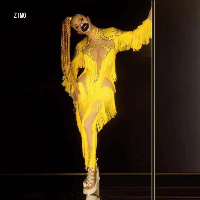 Stage Performance Fringe sexy Jumpsuit women Bodysuit yellow Dance