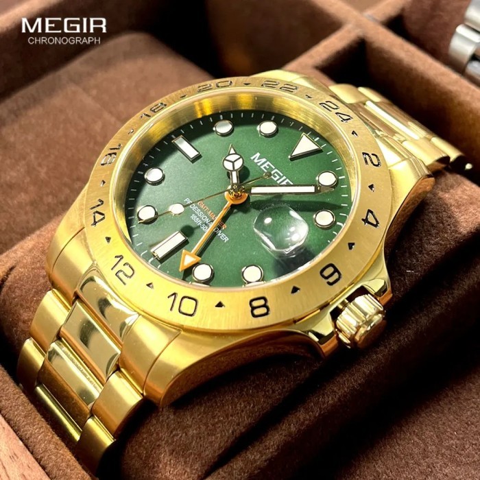MEGIR Gold Green Dress Watch Men Stainless Steel 5ATM Waterproof