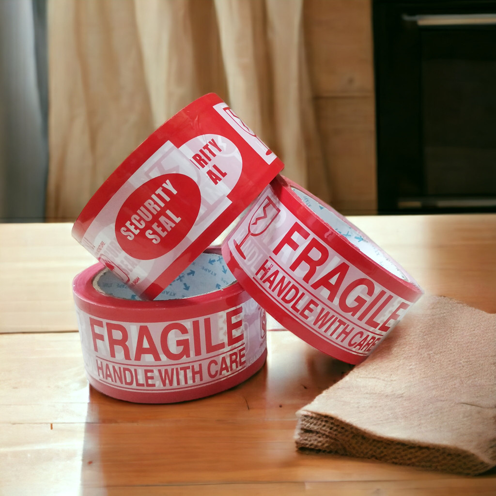 

JH8 Lakban Fragile Merah - Putih Ukuran 48 MM x 70 Yard Murah 1 Slop isi 6pcs