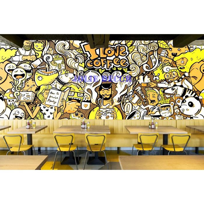 Wallpaper Dinding Custom Mural Tema Cafe Resto Ilustrasi
