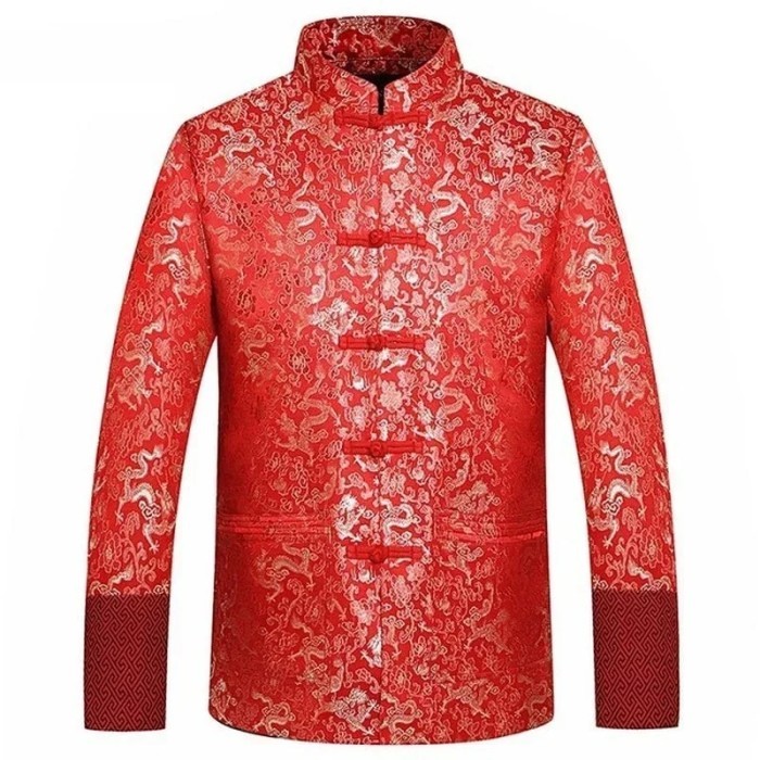 Red Silk Jacket Men Autumn Dragon Cheongsam Tops Plus Size 4XL