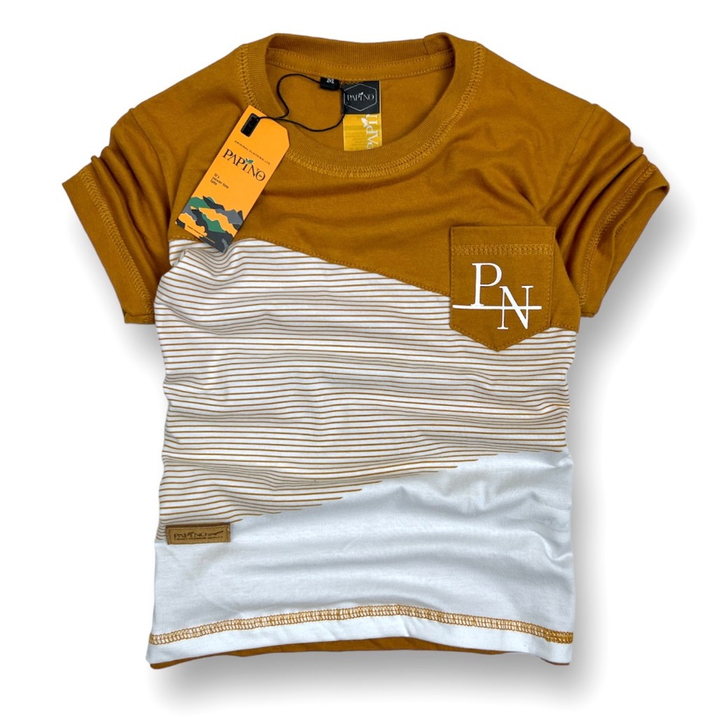 Baju Kaos Anak Laki Laki 1-12 Tahun Lengan Pendek Warna Dark Mustard Motif Garis-Garis Salur