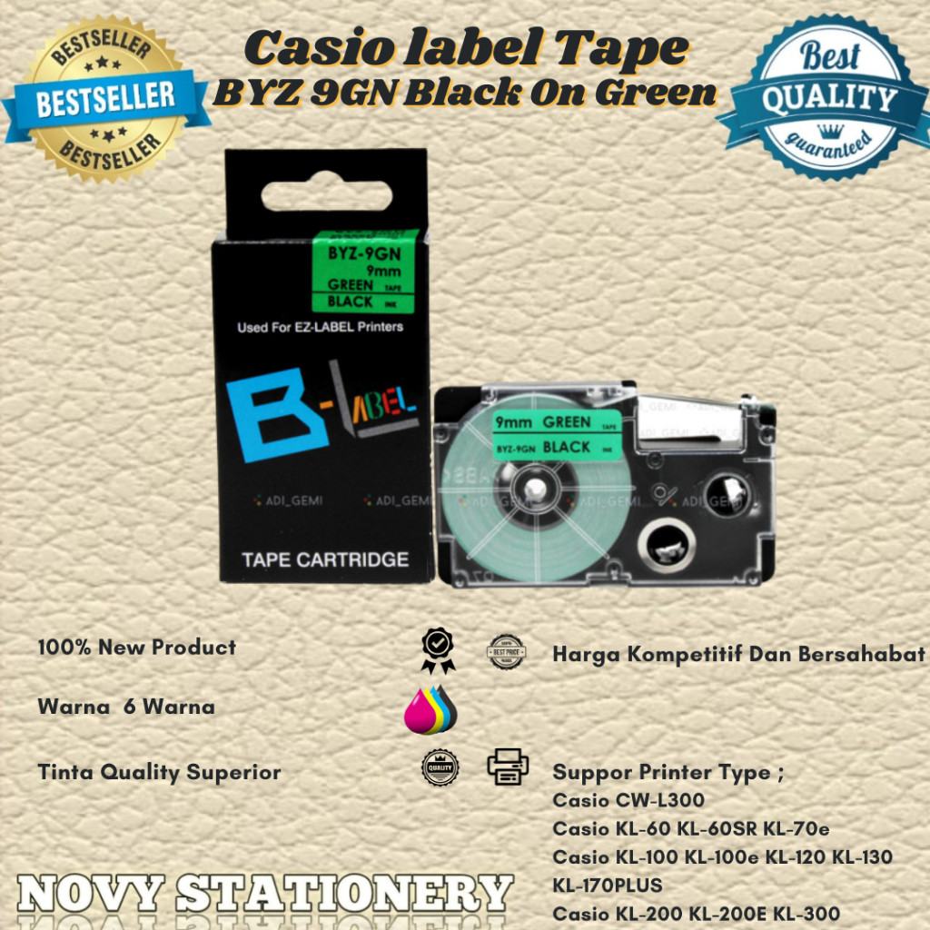 

Compatible Label Tape Casio BYZ 9GN Black On Gren - KL-60 KL-60SR
