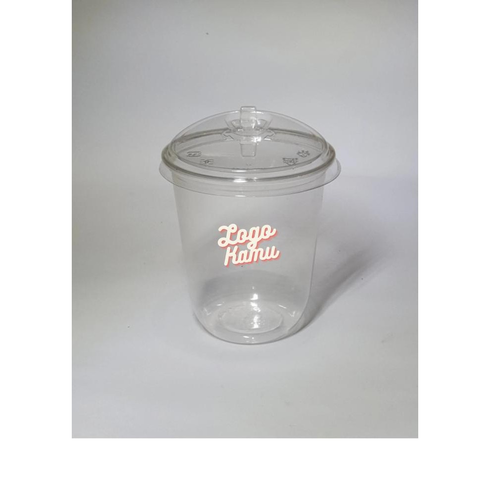 Sablon Cup Plastik Gelas Plastik 14 Oz Oval Pollycup Sap Bsm + Tutup Strawless Lid