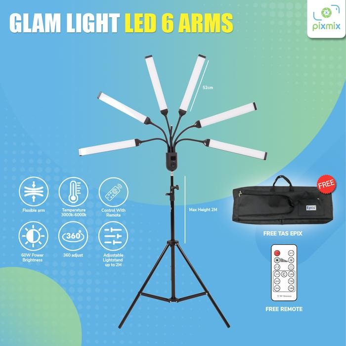 Lampu Foto Studio Glam Light LED 6 Arms X Lamp Paket dengan Stand