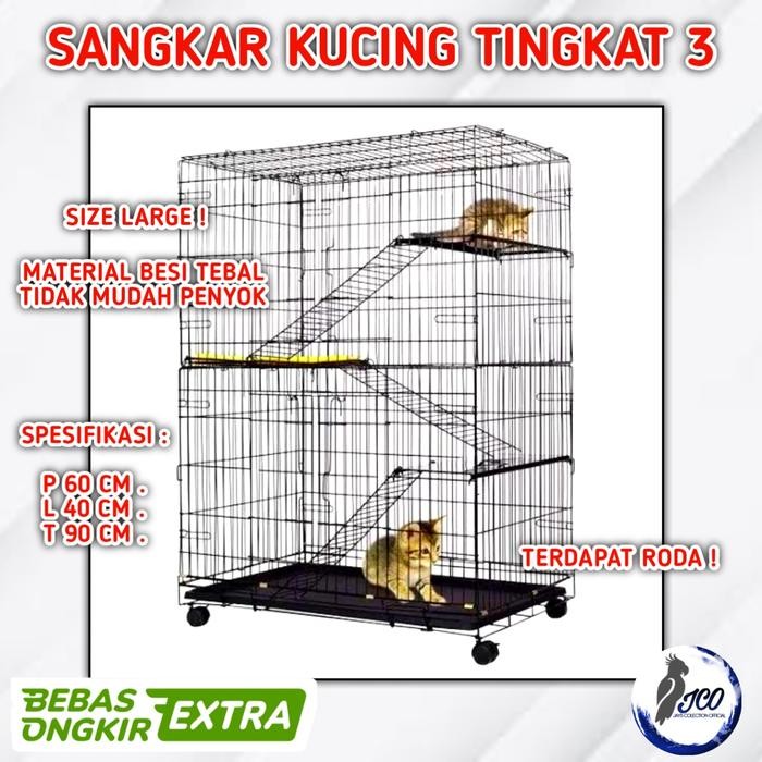Meowz- KANDANG KUCING LIPAT 3 TINGKAT DENGAN RODA KANDANG KUCING TINGKAT 3 L