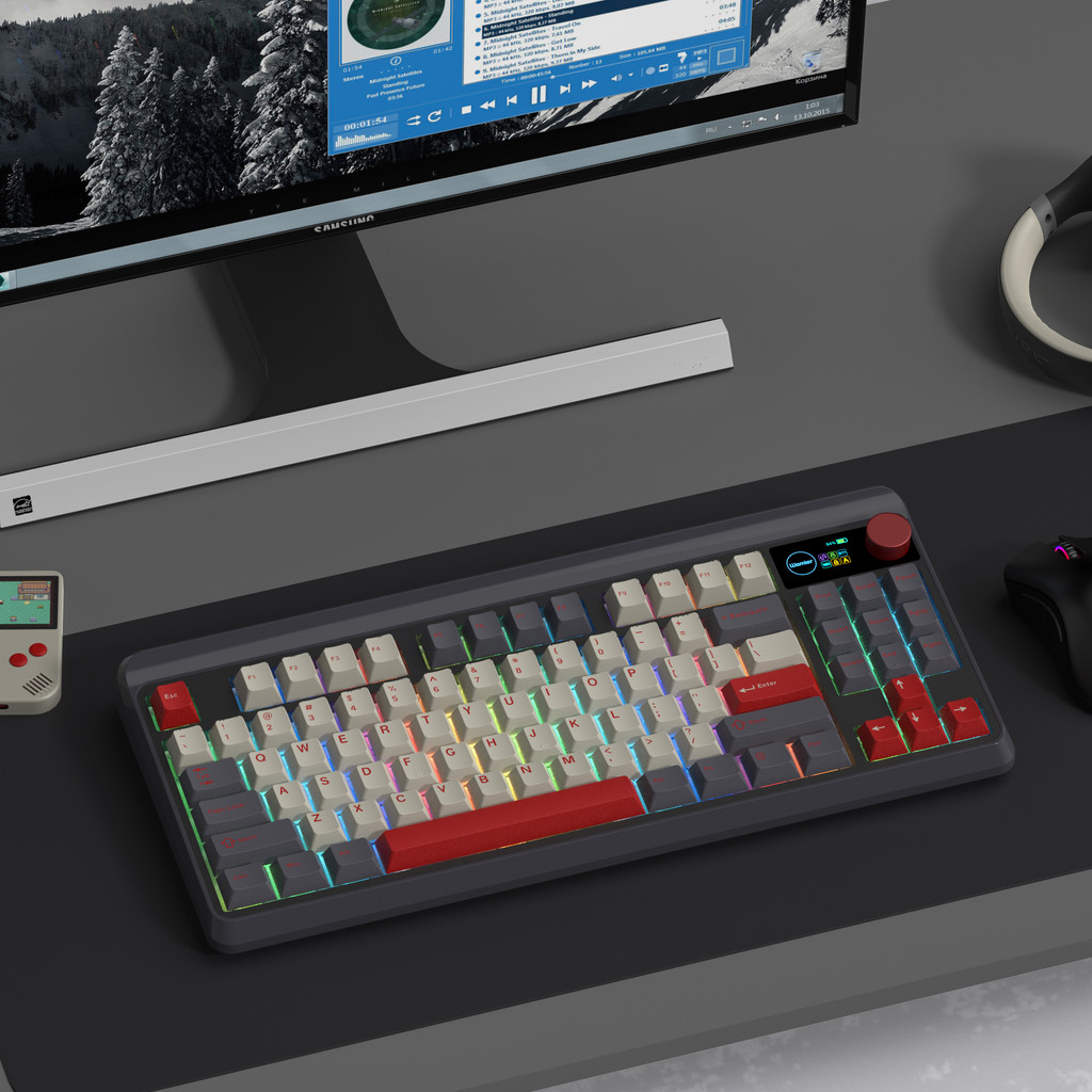M87 Pro Retro Grey Red Oled Display Knob 75% Tkl Tri-Mode Wireless Mechanical Keyboard Hot Swap