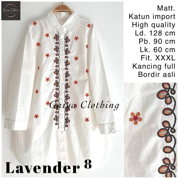 Kemeja Tunik Jumbo Katun Bordir Bunga Wanita White Series Ld. 130 Lavender Jumbo Putih Baju Atasan