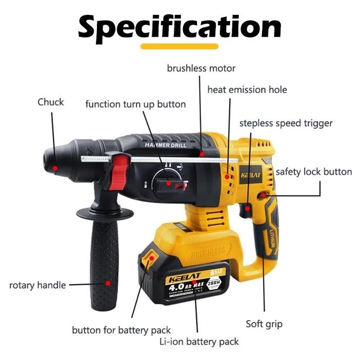 REAIM 3 MODE Cordless Brushless Rotary Hammer Impact Drill Electric Rechargeable Portable Powertool