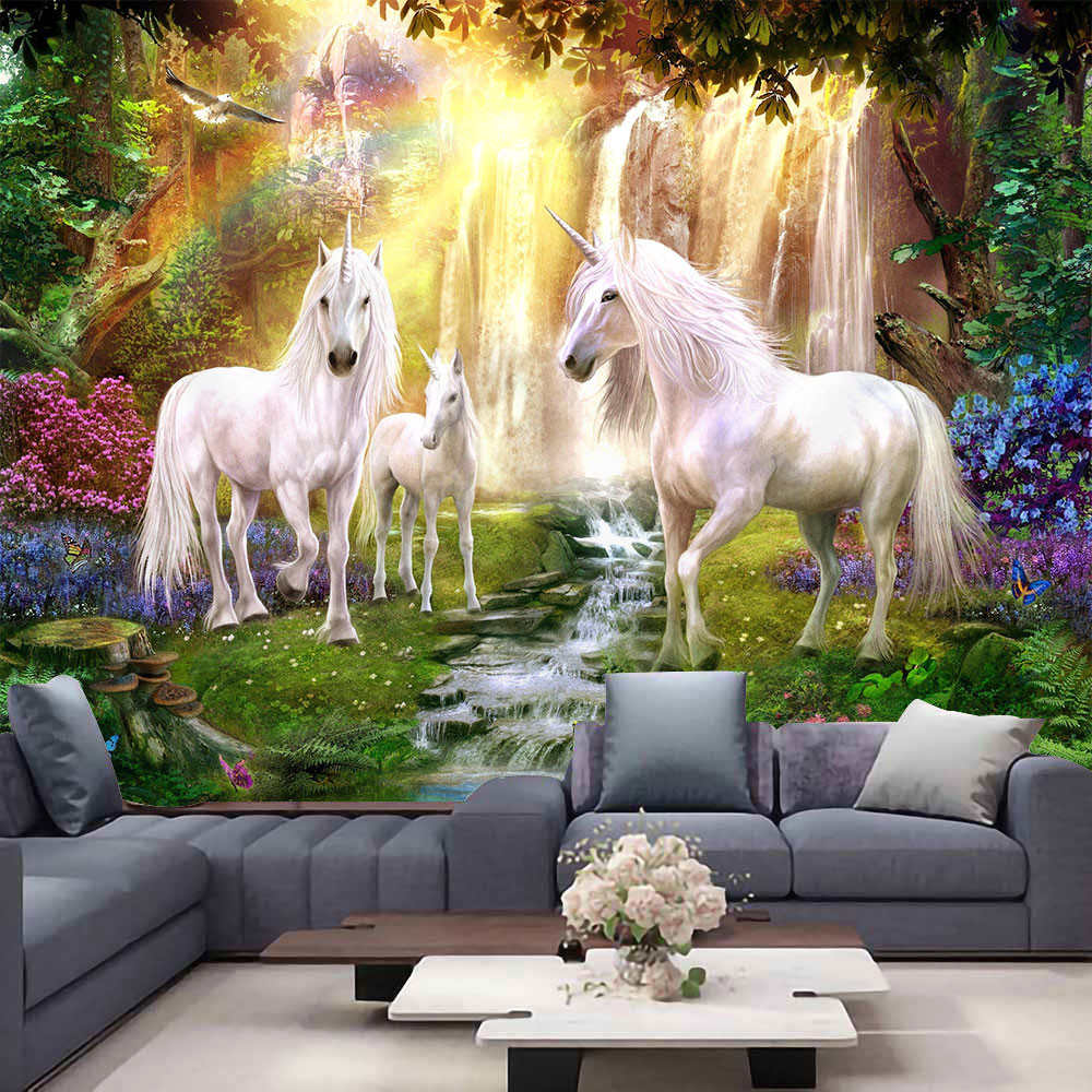 Permadani Kuda Putih Permadani Unicorn Psychedelic Dekorasi Rumah Kain Pemandangan Hutan Hiasan Dind