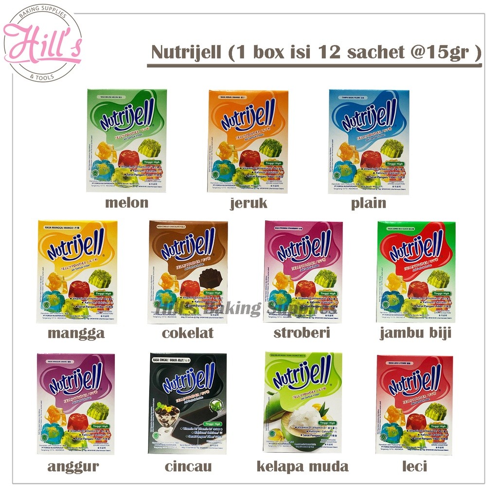 

NUTRIJELL 1 BOX 12 sachet @ 15 gr / JELLY POWDER / NUTRIJEL COKLAT PLAIN MELON JERUK ANGGUR LECI