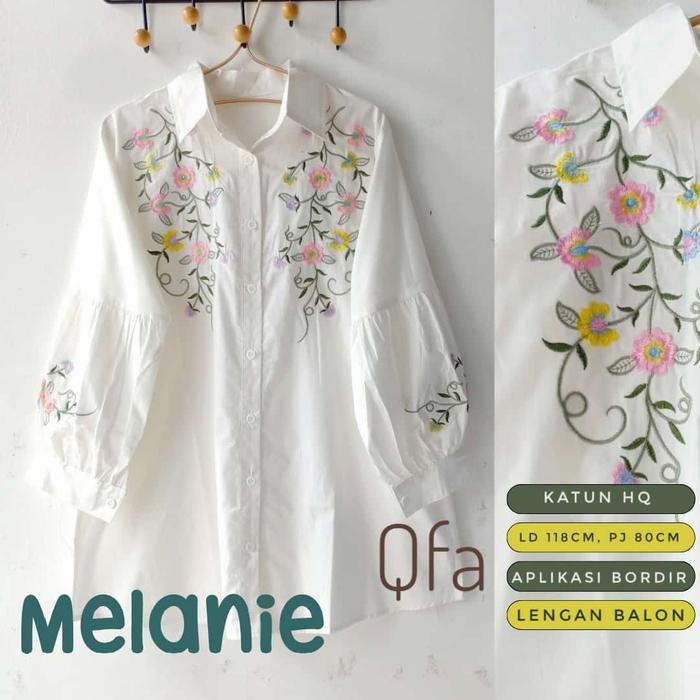 PREMIUM new QFAmelanie blouse kemeja jumbo putih lengan balon katun bordir