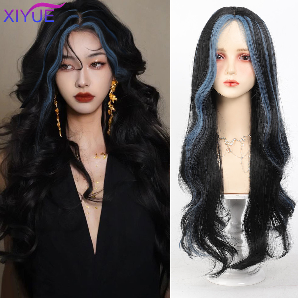 

XIYUE Synthetic Lace Wigs For Black Women Long 28 inch Body Wave Wavy Forehead Part Lace Wig Ombre Black and Blue Cosplay Wigs
