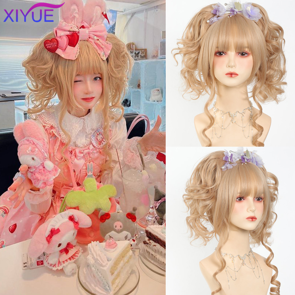 

XIYUE synthetic Long Curly Twin Ponytails Synthetic Wig Bangs Lolita Party Chic Girls Princess blonde Short Heat Resistant Hair