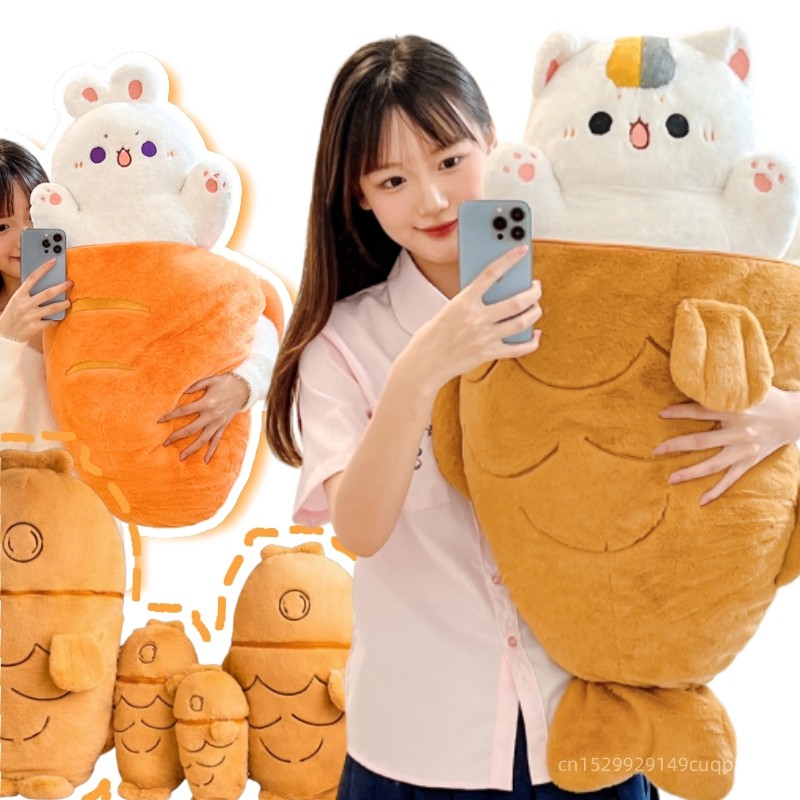 30-80Cm Creative Taiyaki Cat Rabbit Plush Toys Furry Animal Plushie Nest Pillow Big Fish Carrot