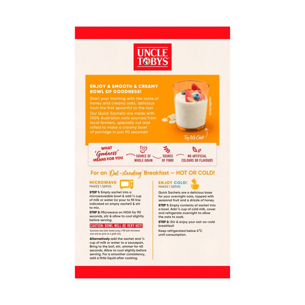 

Restokobar Uncle Tobys Oats Quick Sachets Creamy Honey 350G Australia