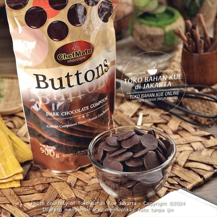 

DISKON CHEFMATE CHOCOLATE BUTTONS 500GR DARK COKLAT COMPOUND COIN PAHIT READYY