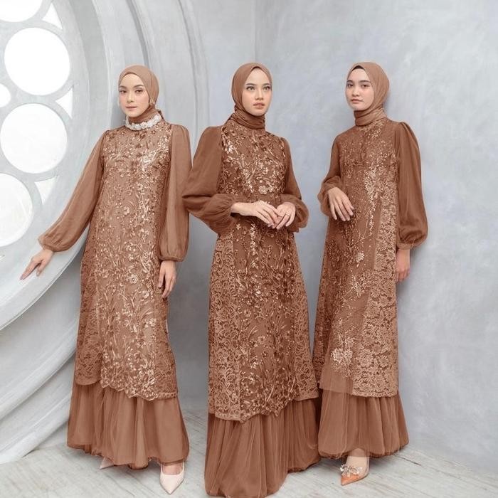 PREMIUM gamis pesta dress Farza mocca baju muslim brukat jumbo murah far at