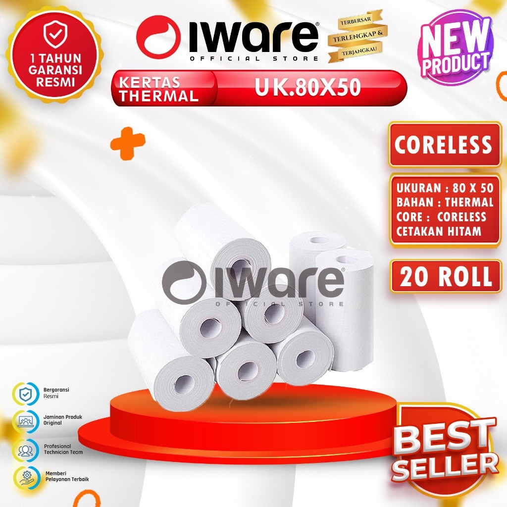 

LINDU Iware paket Kertas Thermal 20 Roll Coreless 80x50 Cetakan Hitam 80mm