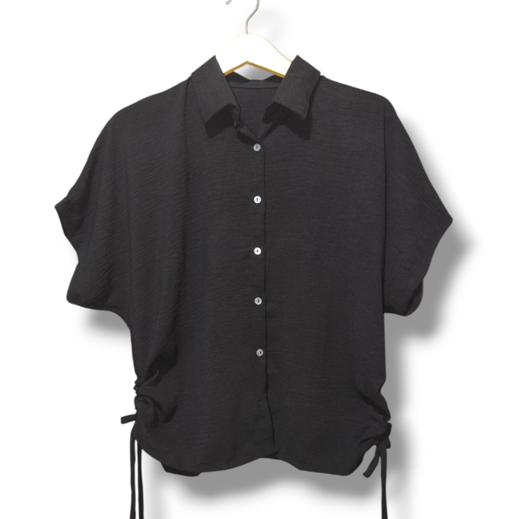 Pola Mewah Kemeja Crop Wanita Lengan Pendek Serut Pinggang Crinkle Airflow