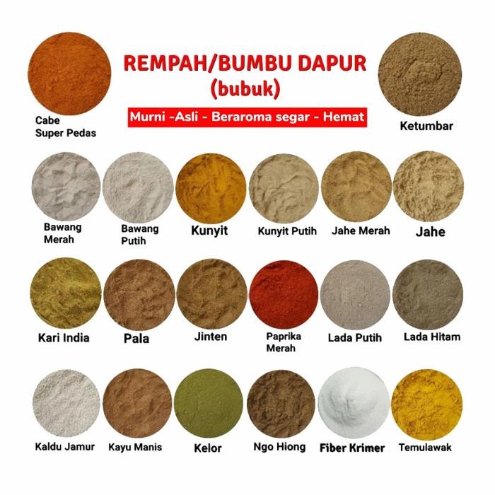 

Terlaris 1# Bumbu Dapur Bubuk Kunyit Cabe Bawang Putih Merah Kencur Sereh Lada