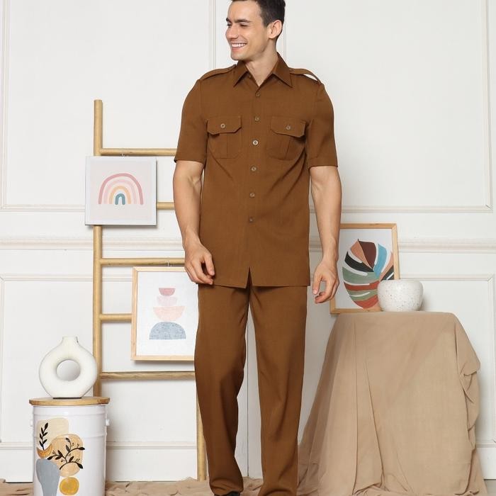 Seragam Blazer Pria Safari Asn Pns Model 3301 Lengan Pendek Warna Khaki, AbuTua, Navy, Hitam Dan