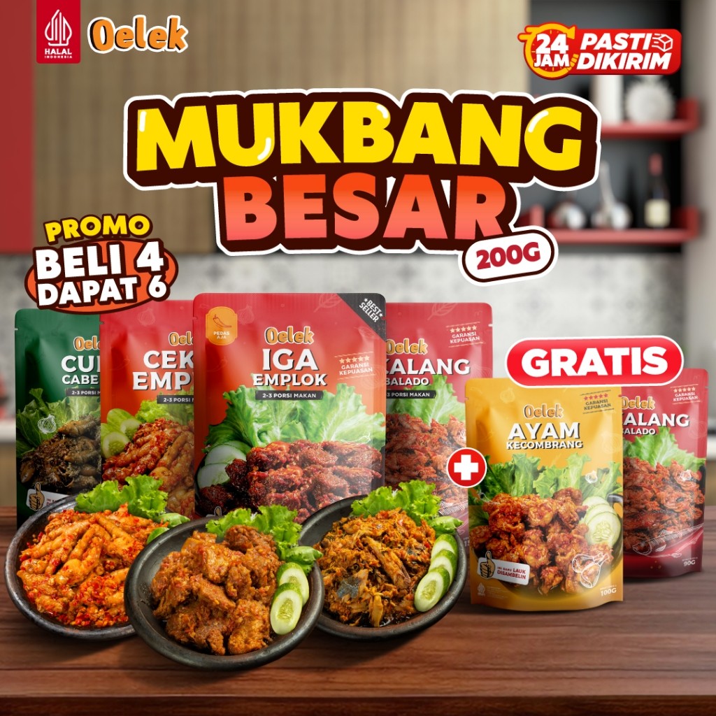 

CPT - [DAPAT 6 Pcs] Oelek Mukbang Besar 4 Lauk 200gr (Beli 4 Dapat 6) Lengkap Oelek Semua Varian
