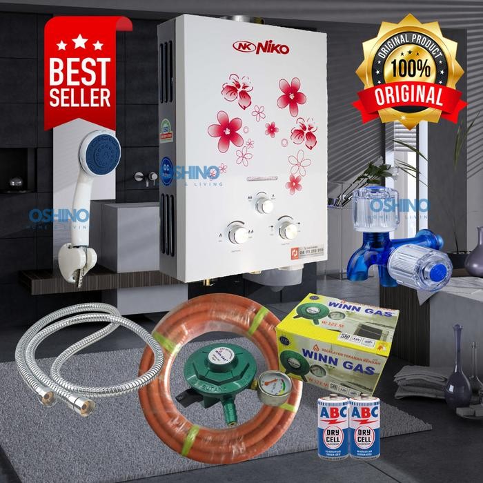 Paket Water Heater Pemanas Air Kamar Mandi Gas Niko Lengkap Putih