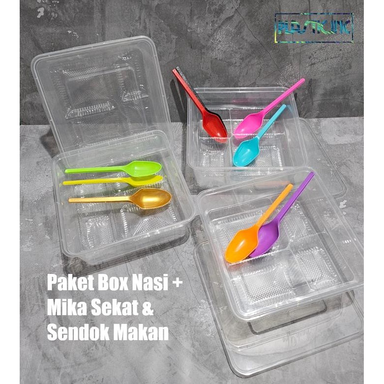 Paket Box Nasi Lengkap (25 Pcs Kotak + 25 Pcs Mika Sekat4 + 25 Pcs Sendok Makan Warna)