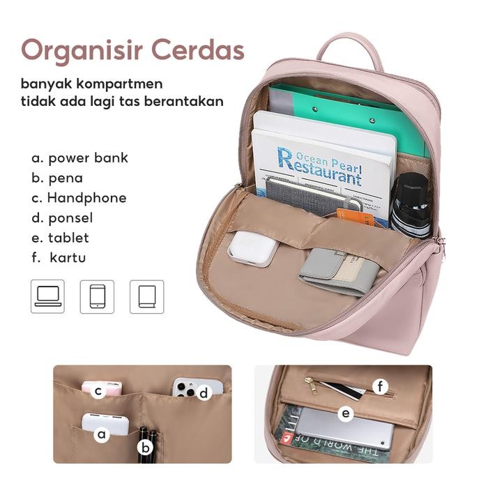 Full Design Kinsley Tas Ransel Wanita Tas Laptop Nylon Tahan Air 14 Inch Backpack Sekolah
