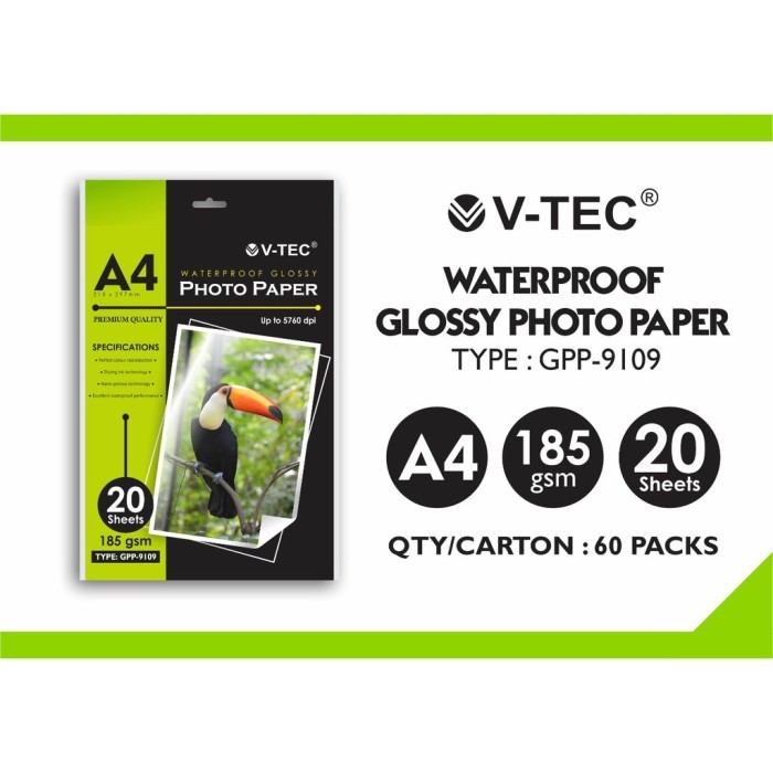 

(1 PACK = 20 LMBR) Kertas Glossy Photo Paper Vtec A4 185 gsm / Kertas