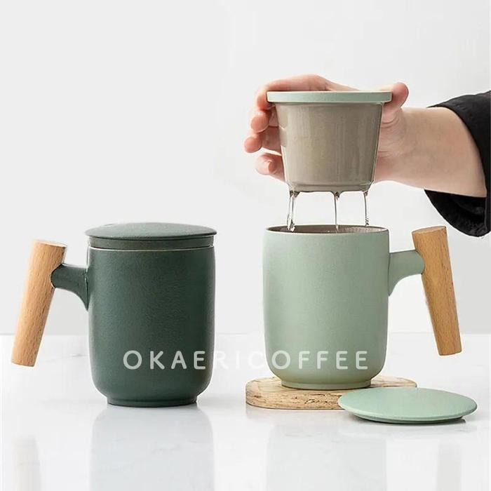 Ceramic Tea Infuser Cup + Lid / Gelas Mug Keramik + Saringan + Tutup
