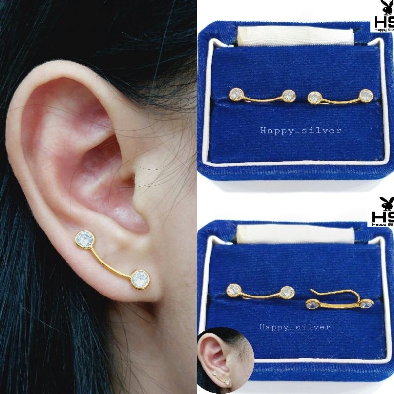 ANTING TUSUK PERAK ASLI 925 SILVER LAPIS EMAS -MODEL TUSUK PANJANG PERMATA-PERHIASAN PERAK