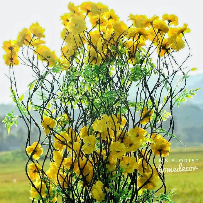 ASLI 15 Btg Bambu Ulir Hitam Bunga Anyelir Kuning 142 cm (Tanpa Pot) Perlengkapan Dekorasi Rumah