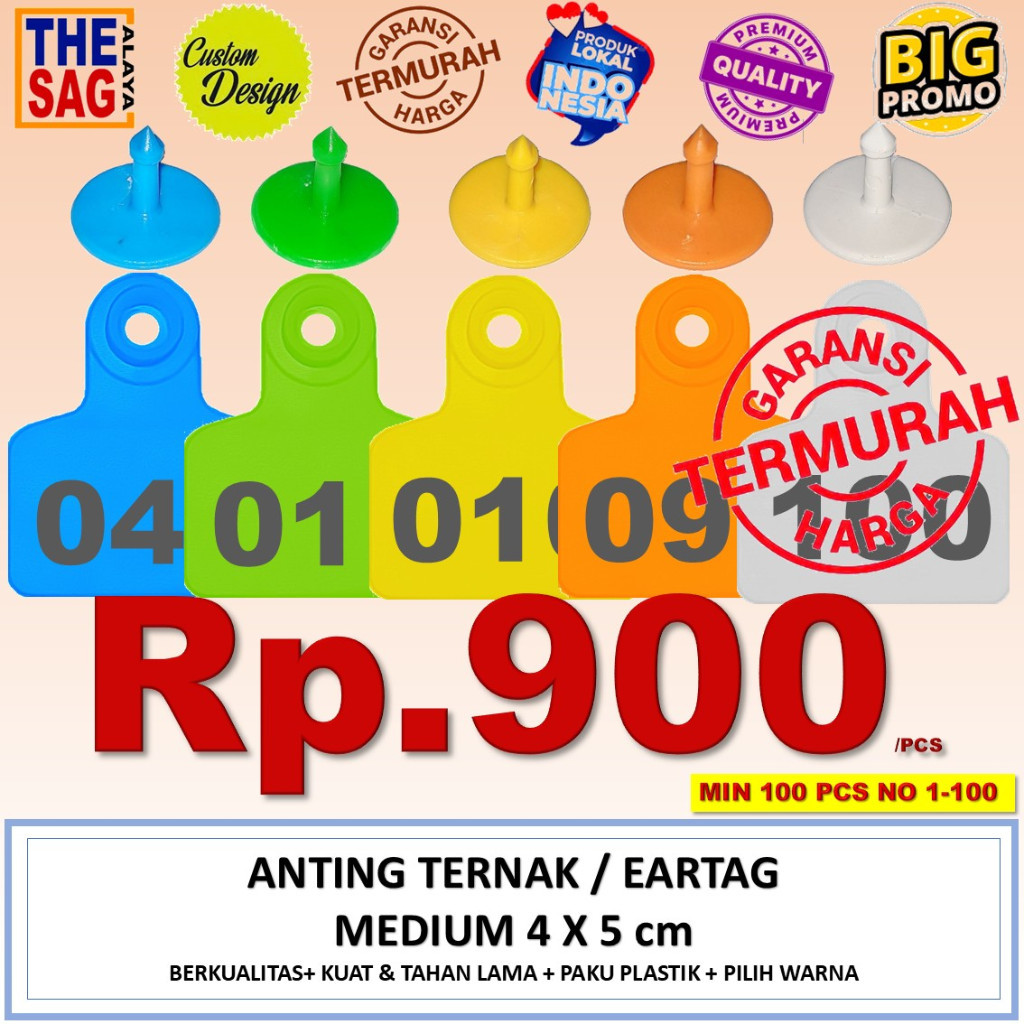 EARTAG 4X5cm NO 1-100 (ISI 100 PCS) ANTING TERNAK kambing domba babi sapi necktag neck tag kalung