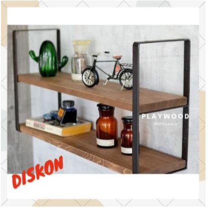 PREMIUM Rak dinding 2 ambalan kayu dan besi buku serbaguna pajangan dinding