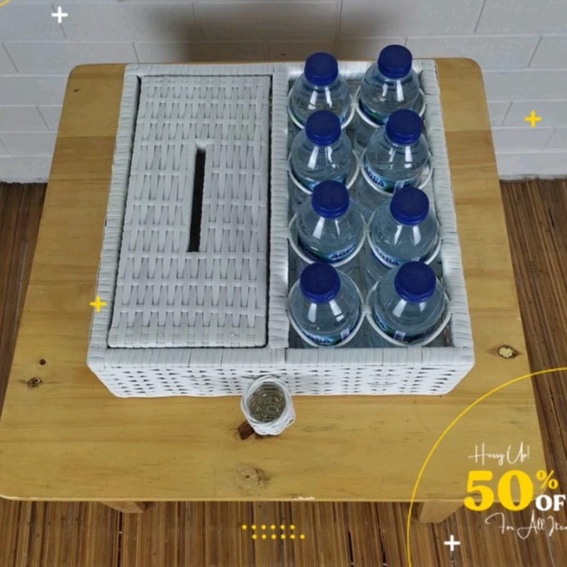 Tempat Aqua + Tisu 2in1 / Keranjang Air Mineral Dan Tissue / Wadah Aer Plus Tissu Aesthetic Rotan