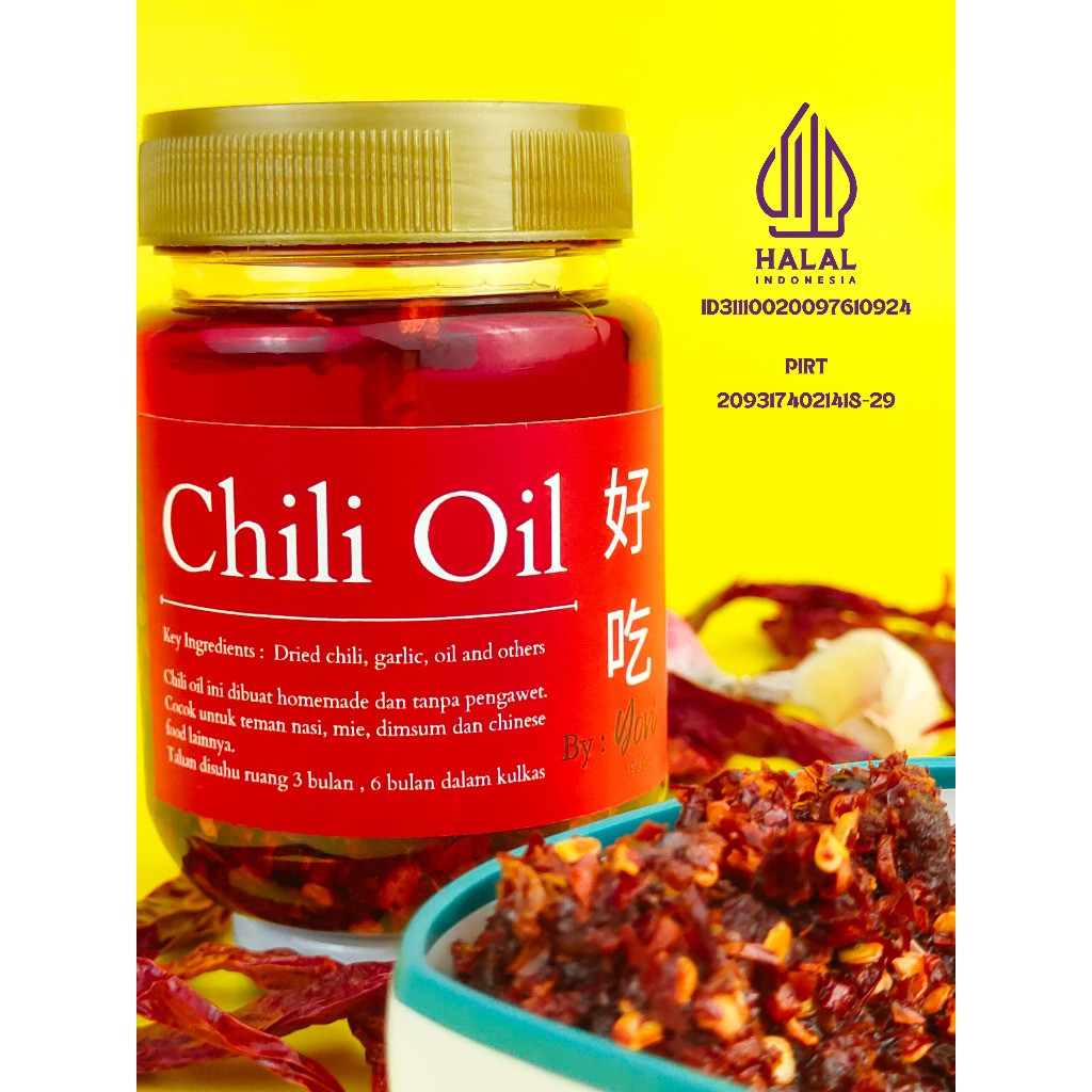 

Chili Oil Yovi / Minyak Cabai With Crunchy Garlic/Sambal,Sambel Dimsum 200gram (Vegan/Non Vegan)