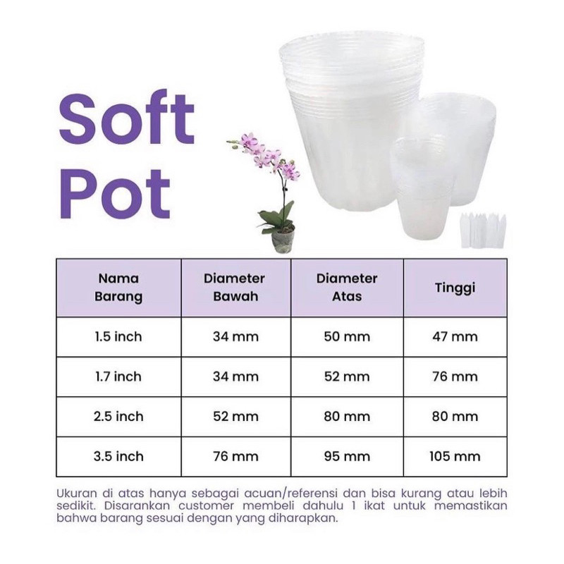 Flowersbloom Soft Pot (100 Pot) Anggrek Tanaman Transparan Plastik 1,5 1,7 2,5 3,5 Anti Pecah