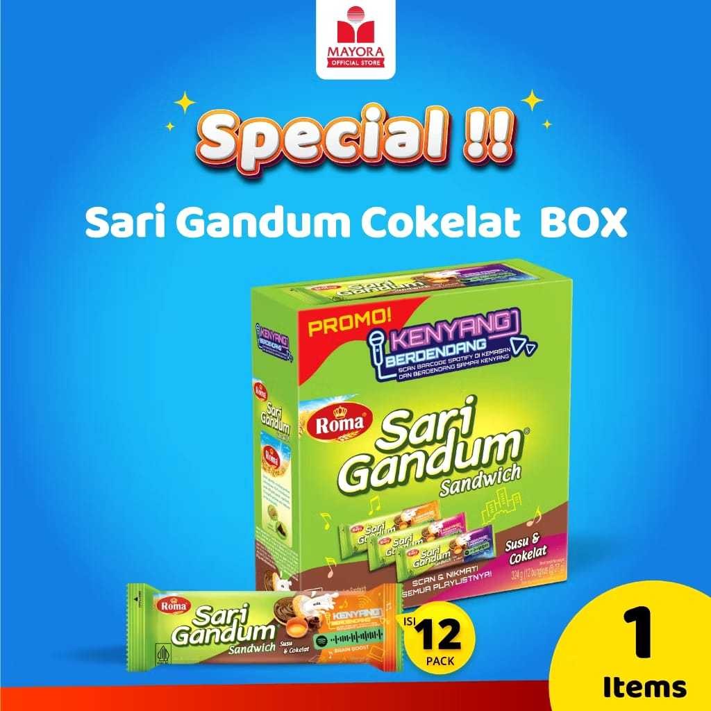 

Roma Sari Gandum Sandwich Susu Cokelat Isi 12 Pack @ 27 g Mayora