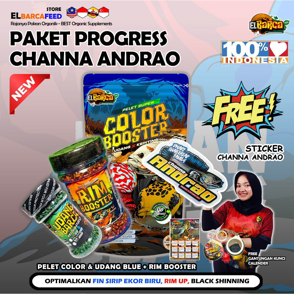 PAKET PAKAN PELET CHANNA ANDRAO Optimalkan warna High FIN Biru Blue Booster + Free Sticker Channa