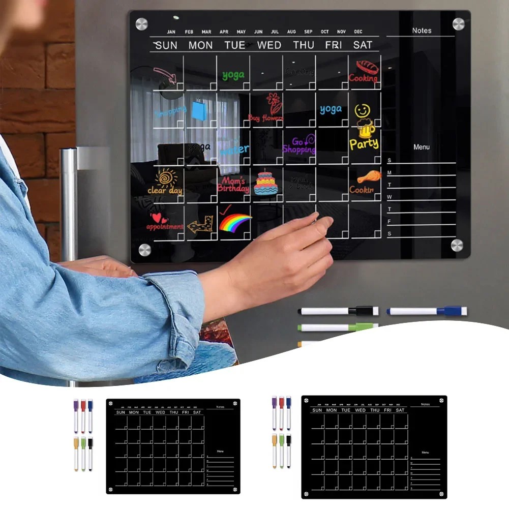 Black Fridge Magnet Calendar Board Acrylic Refrigerator Magnetic Weekly Planning Schedule Reusable D