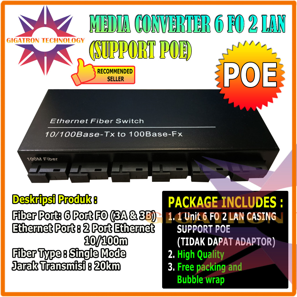 Media Converter 6 Port FO 2 Port LAN POE / 6 Port SC Fiber 2 Port RJ45 10/100 Mbps Fiber Optic