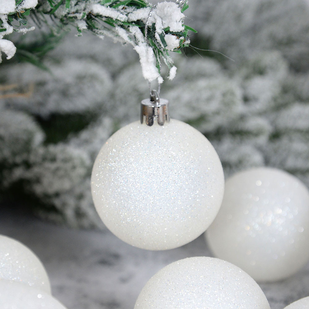 6 Buah/Kotak Bola Natal Putih Ornamen Gantung Bola Natal Putih Glitter untuk Tahun Baru Noel Navidad