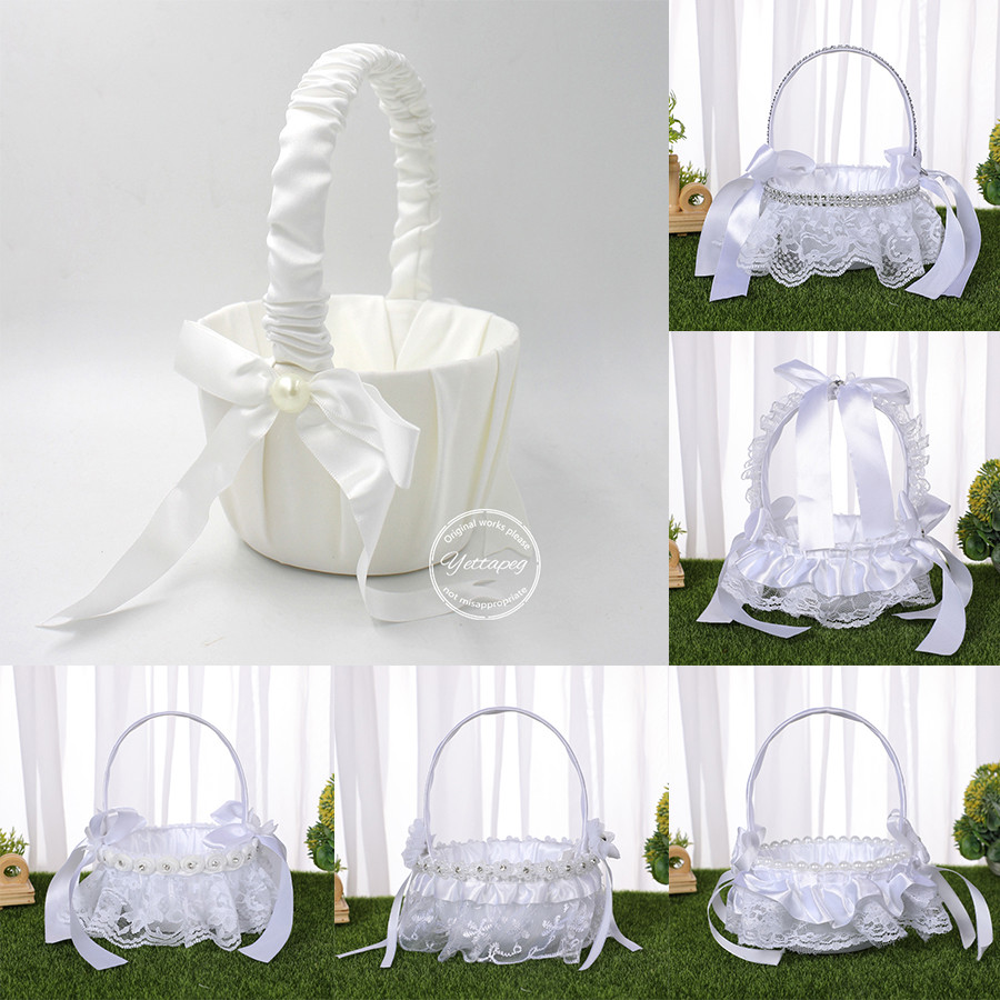 1 Buah Keranjang Bunga Pernikahan Putih Konfeti Kelopak Bunga Berlian Imitasi Mutiara Renda Keranjan