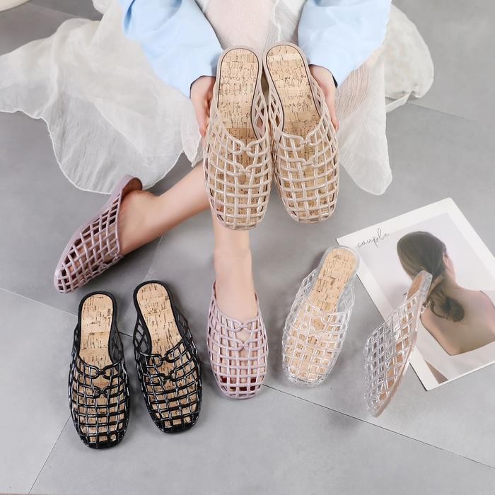 PREMIUM Sandal Wanita Sendal Selop Mules Jaring Wanita Bahan Karet Jelly PCU Elastis Empuk dan